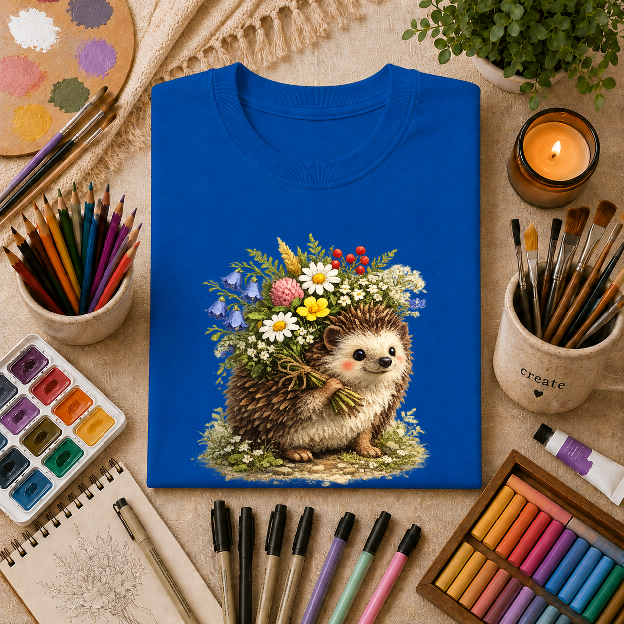 Cottagecore Hedgehog with Wildflower Crown T-Shirt