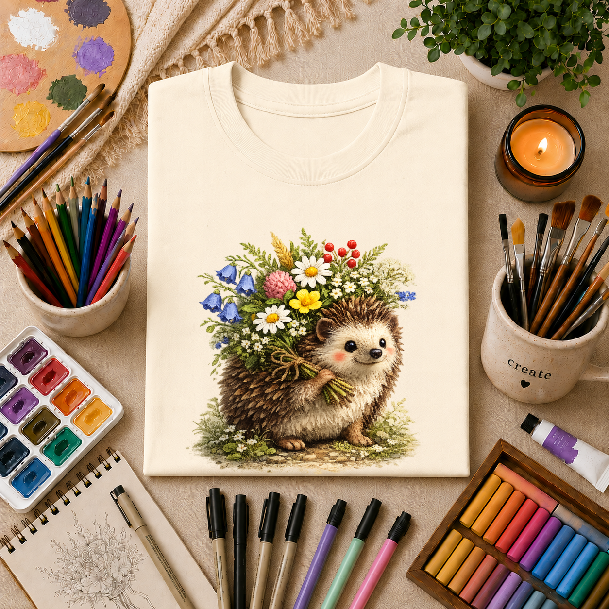 Cottagecore Hedgehog with Wildflower Crown T-Shirt