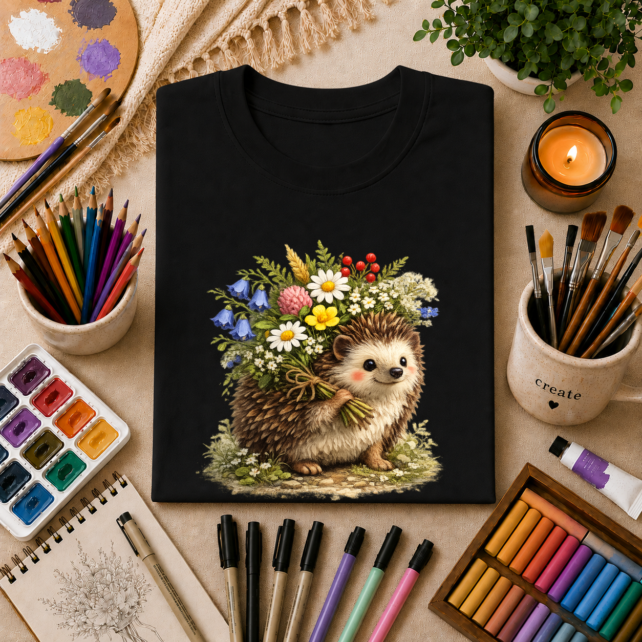 Cottagecore Hedgehog with Wildflower Crown T-Shirt