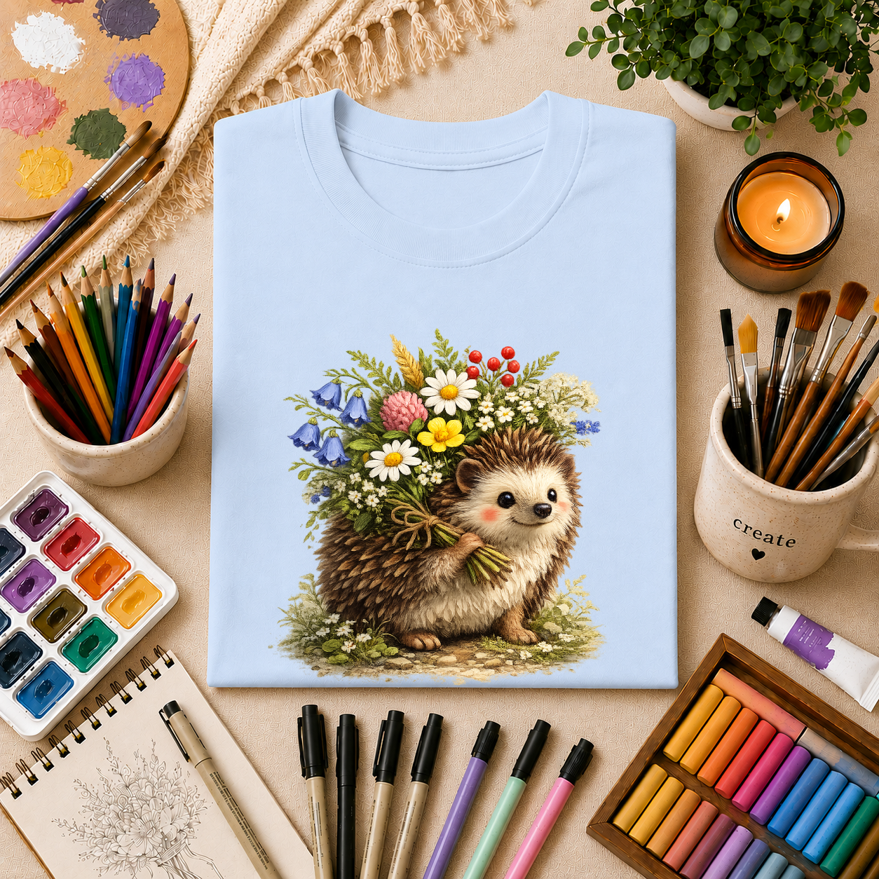 Cottagecore Hedgehog with Wildflower Crown T-Shirt