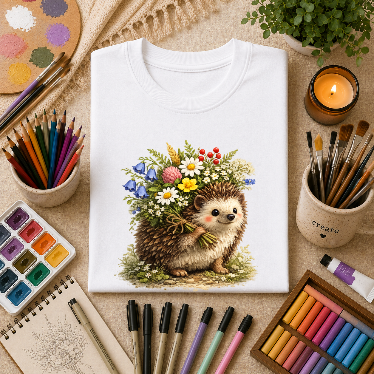 Cottagecore Hedgehog with Wildflower Crown T-Shirt
