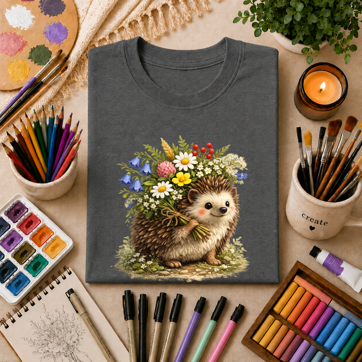 Cottagecore Hedgehog with Wildflower Crown T-Shirt