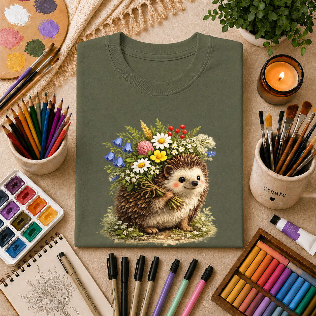 Cottagecore Hedgehog with Wildflower Crown T-Shirt