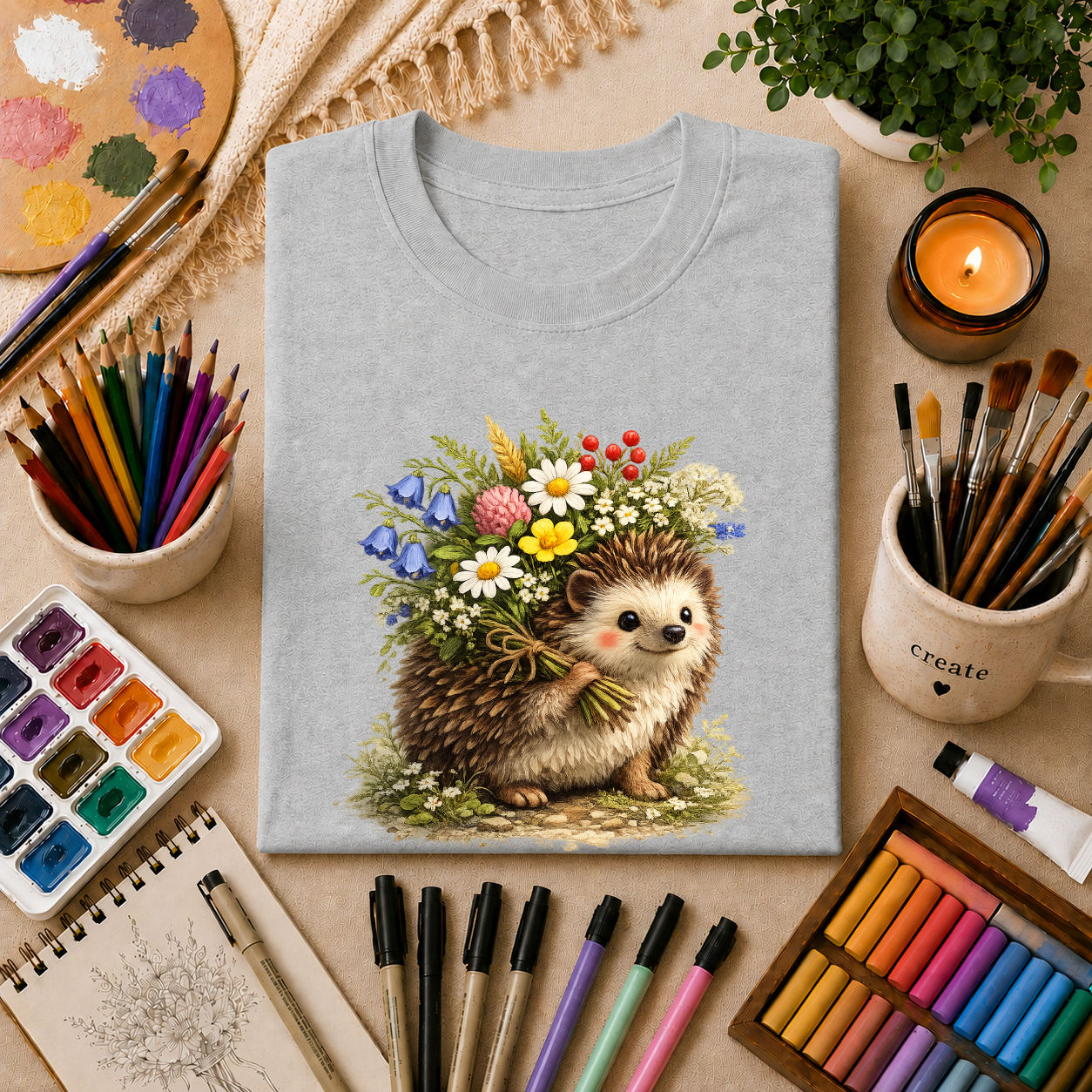 Cottagecore Hedgehog with Wildflower Crown T-Shirt