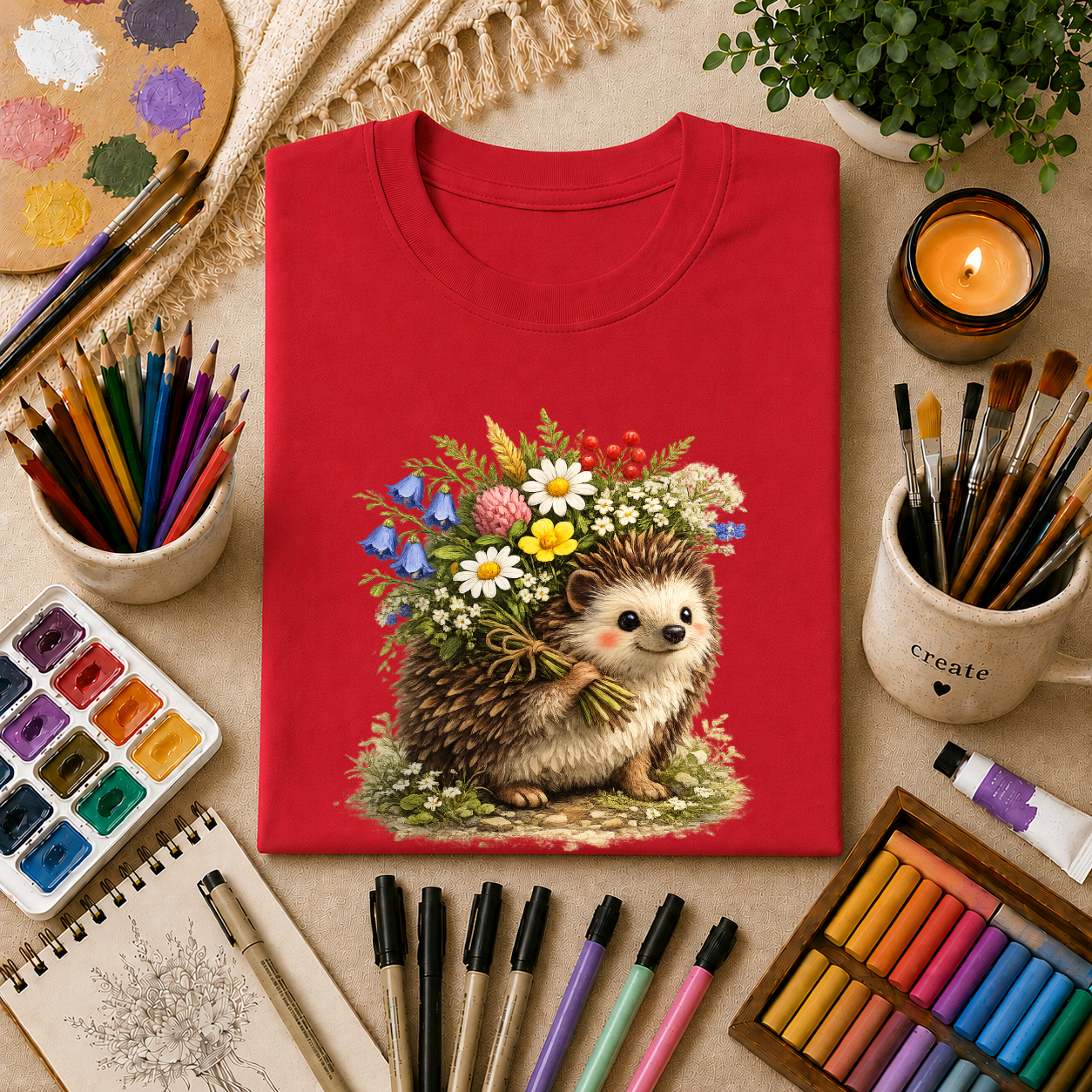 Cottagecore Hedgehog with Wildflower Crown T-Shirt