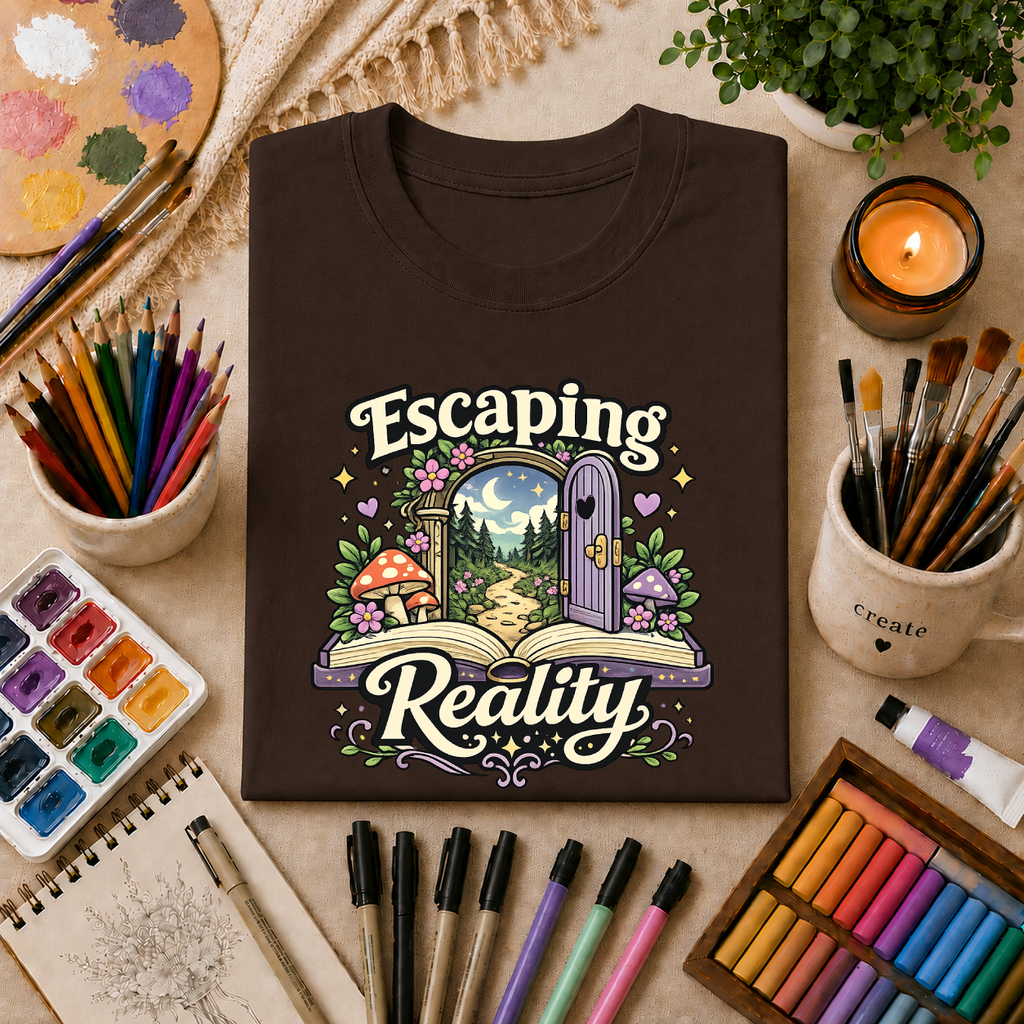 Escaping Reality T‑Shirt — Fantasy Door, Mushroom Garden Graphic Tee