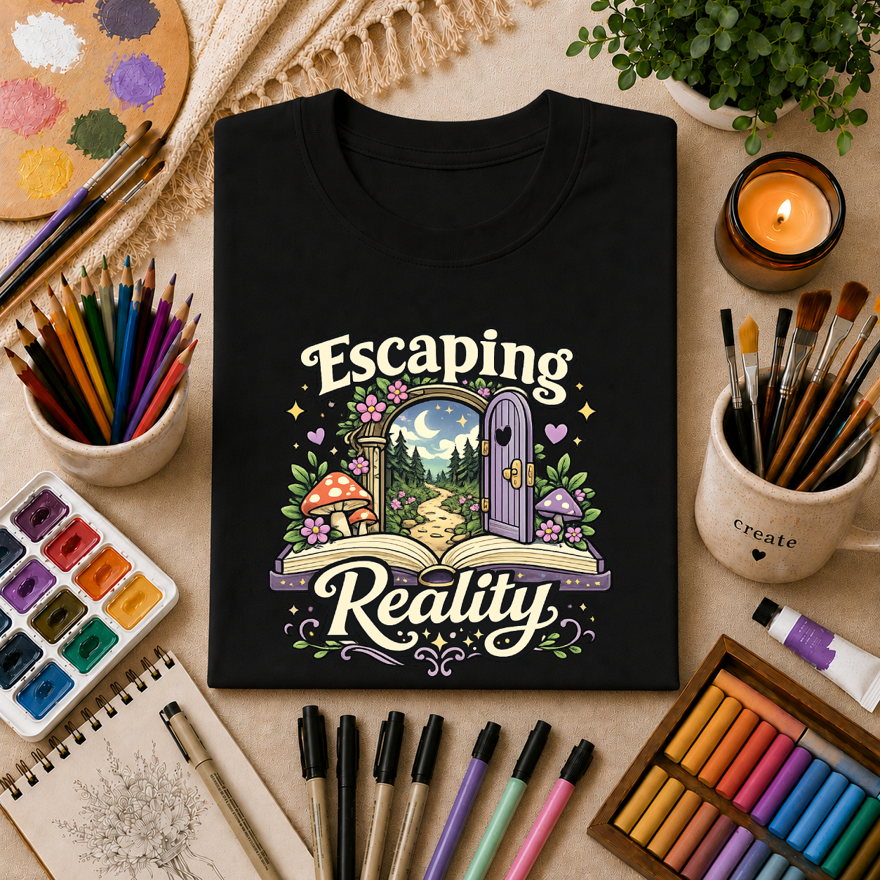 Escaping Reality T‑Shirt — Fantasy Door, Mushroom Garden Graphic Tee