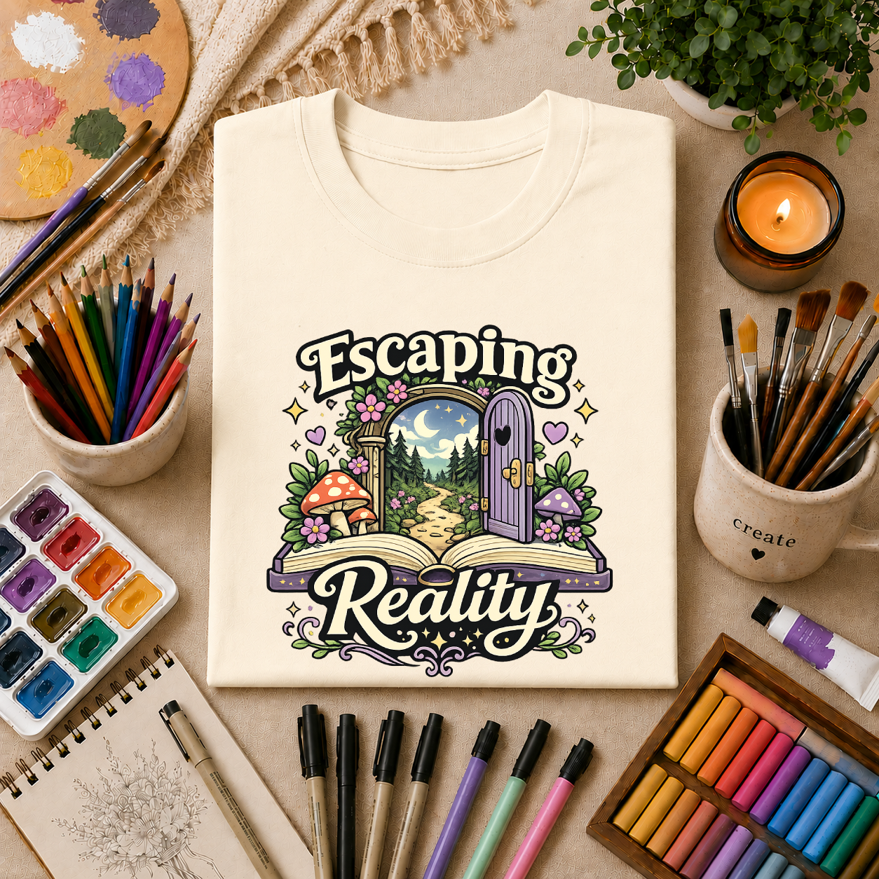 Escaping Reality T‑Shirt — Fantasy Door, Mushroom Garden Graphic Tee