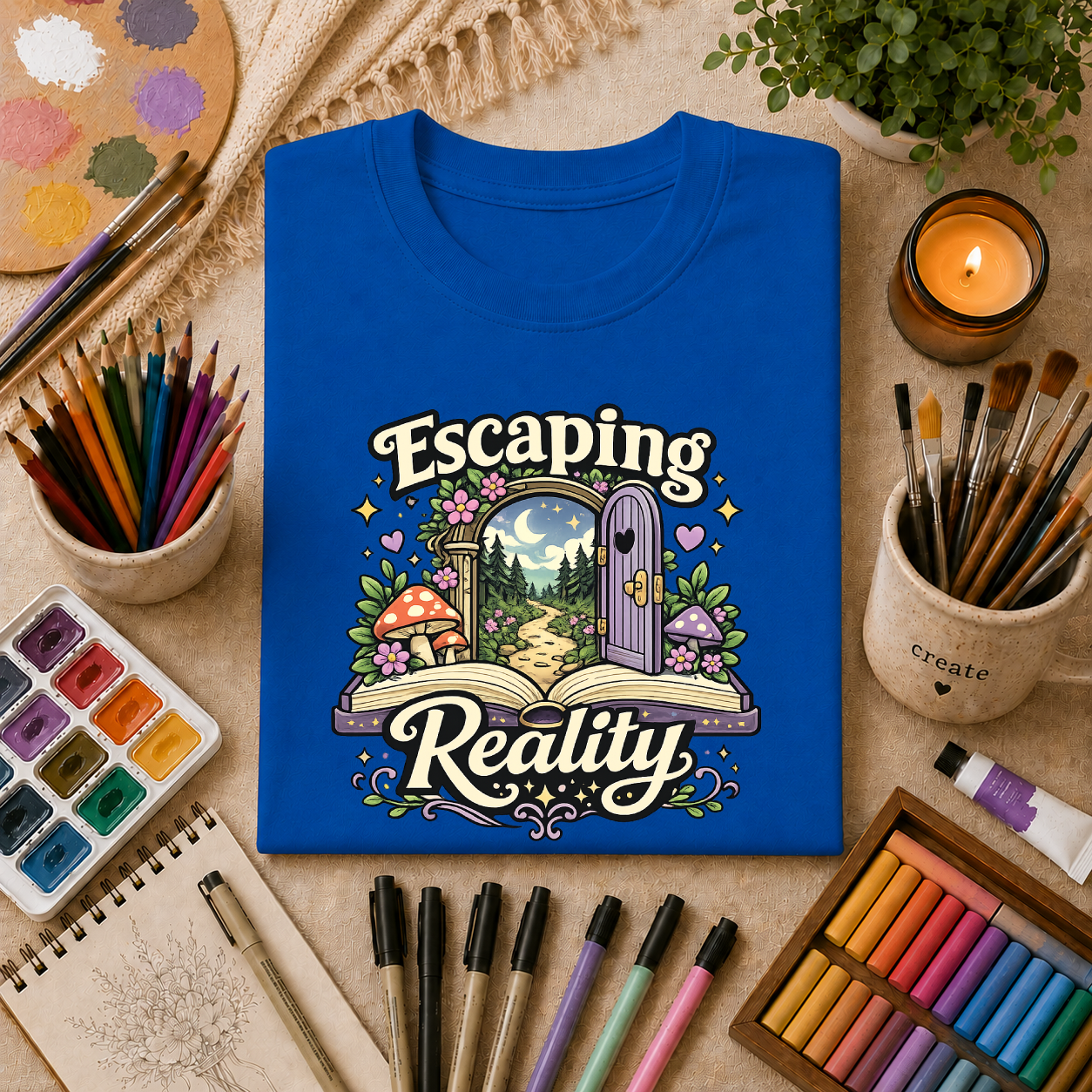 Escaping Reality T‑Shirt — Fantasy Door, Mushroom Garden Graphic Tee