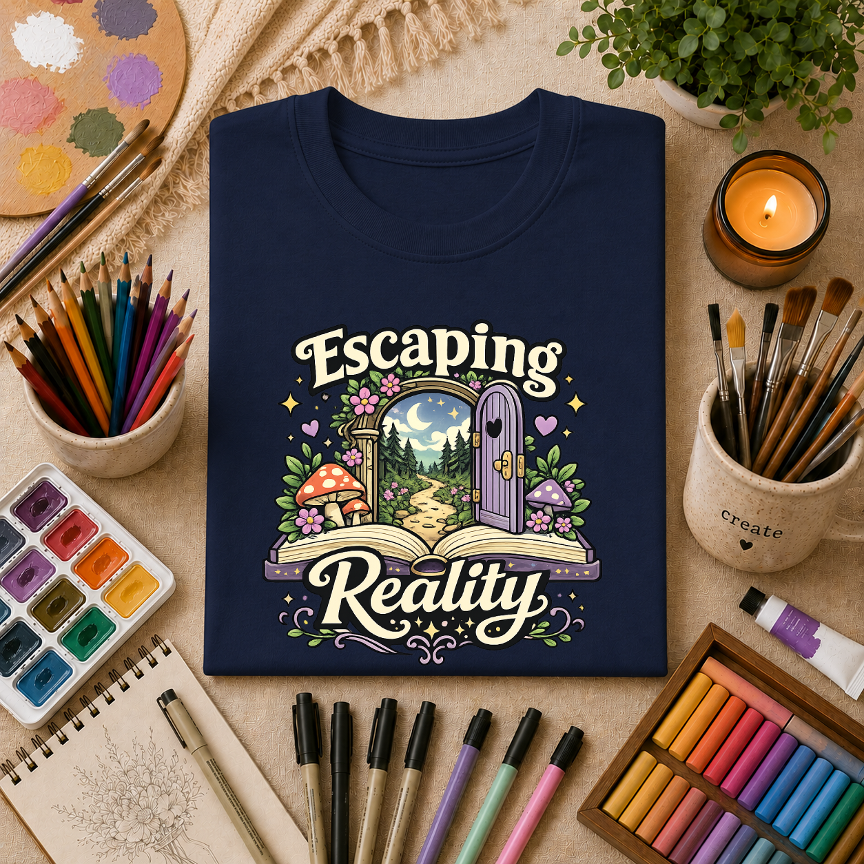 Escaping Reality T‑Shirt — Fantasy Door, Mushroom Garden Graphic Tee