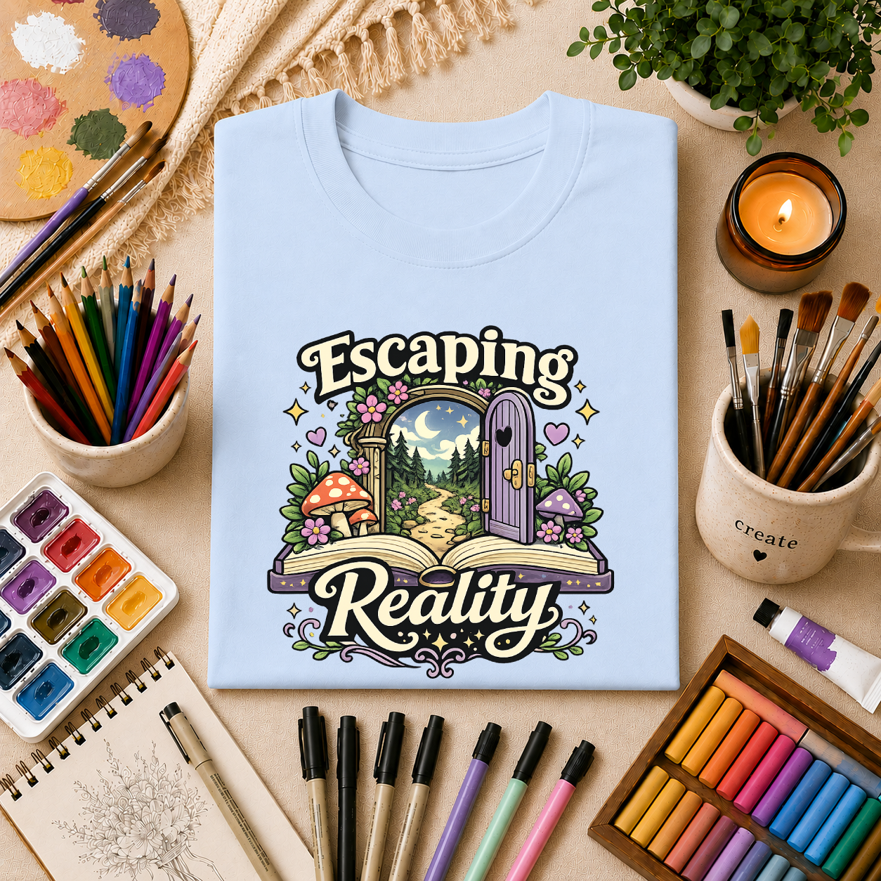 Escaping Reality T‑Shirt — Fantasy Door, Mushroom Garden Graphic Tee