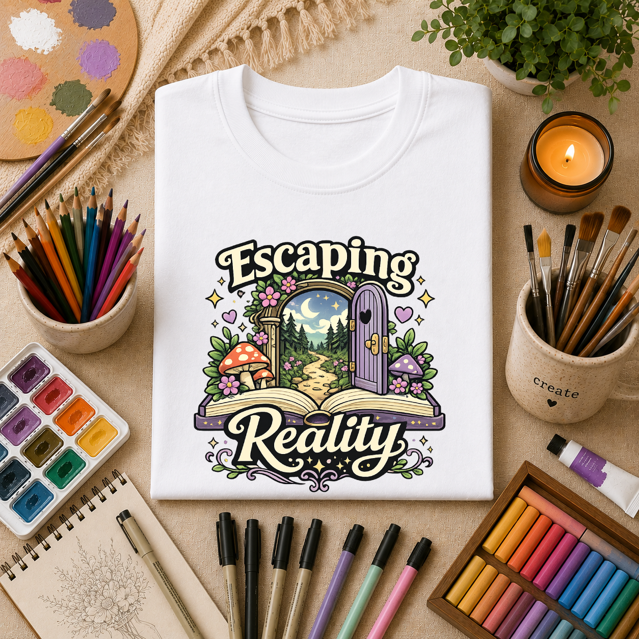 Escaping Reality T‑Shirt — Fantasy Door, Mushroom Garden Graphic Tee