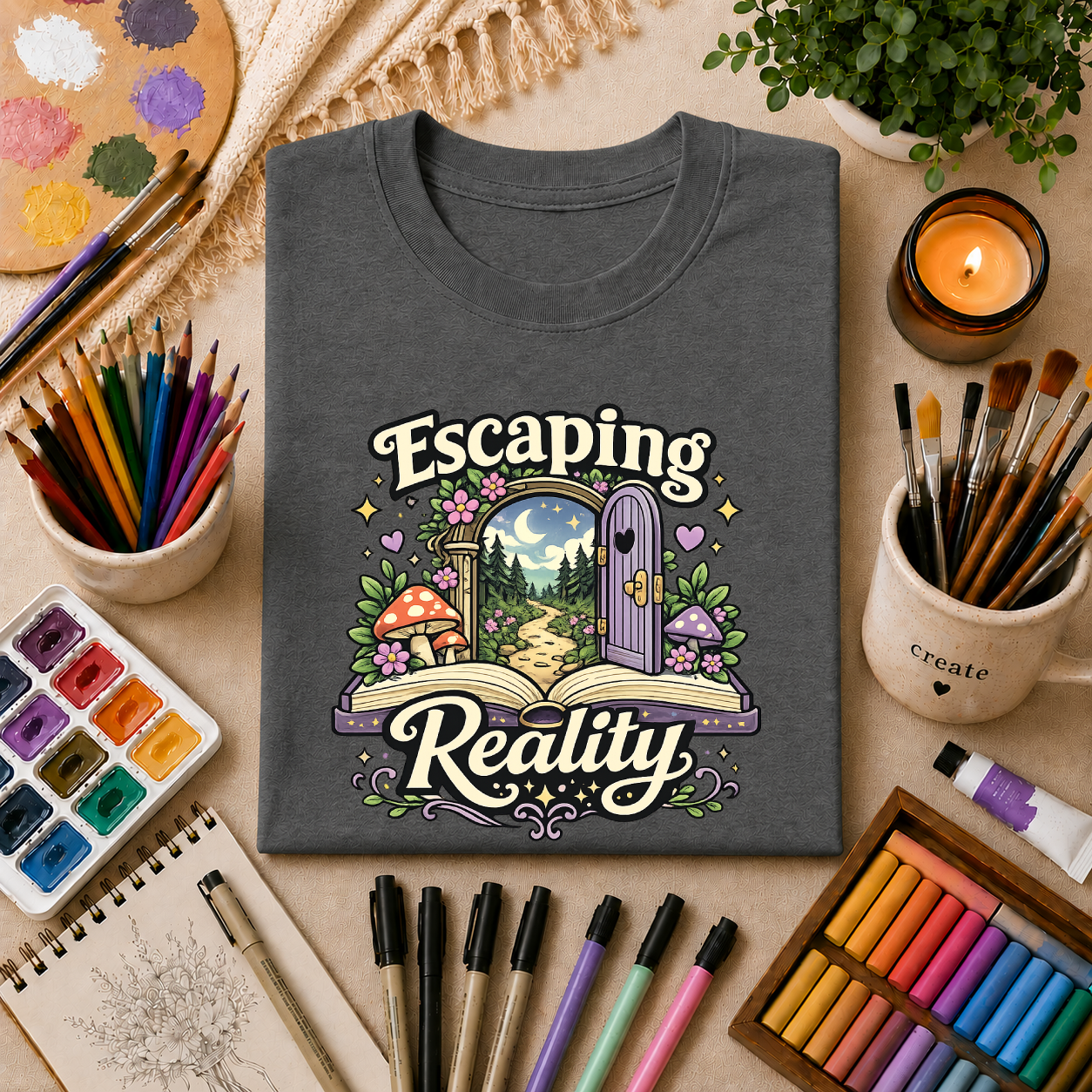 Escaping Reality T‑Shirt — Fantasy Door, Mushroom Garden Graphic Tee