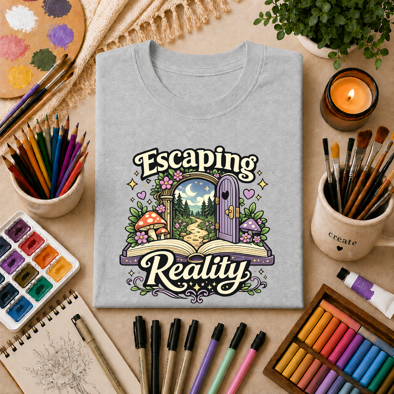 Escaping Reality T‑Shirt — Fantasy Door, Mushroom Garden Graphic Tee