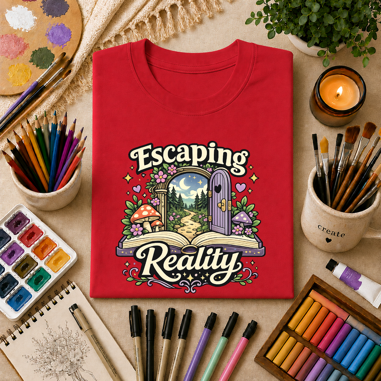 Escaping Reality T‑Shirt — Fantasy Door, Mushroom Garden Graphic Tee