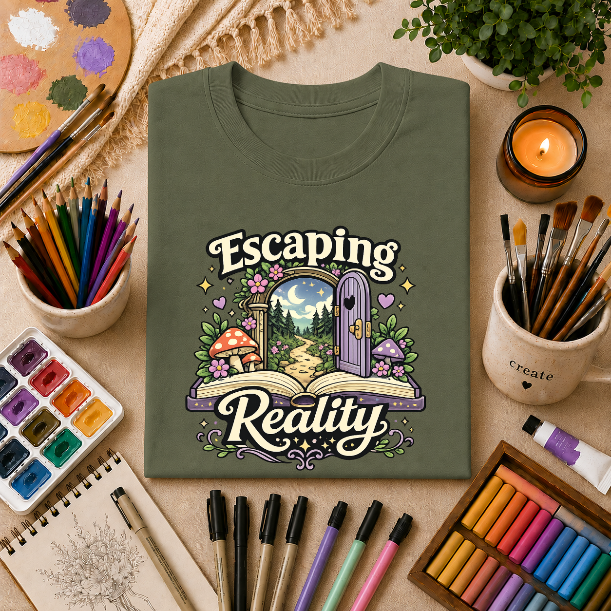 Escaping Reality T‑Shirt — Fantasy Door, Mushroom Garden Graphic Tee