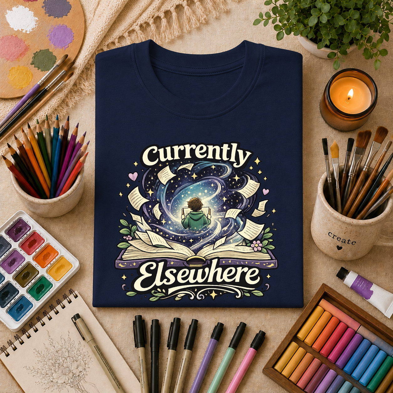 "Currently Elsewhere" Cosmic Reader Graphic Tee Gift T-Shirt