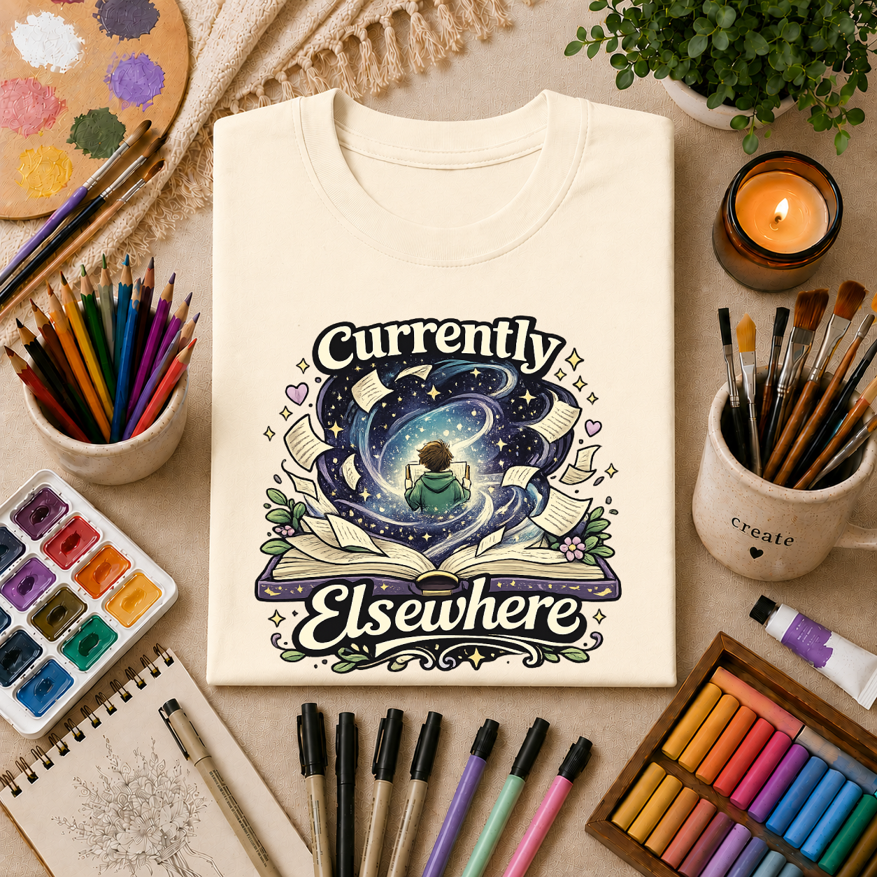 "Currently Elsewhere" Cosmic Reader Graphic Tee Gift T-Shirt