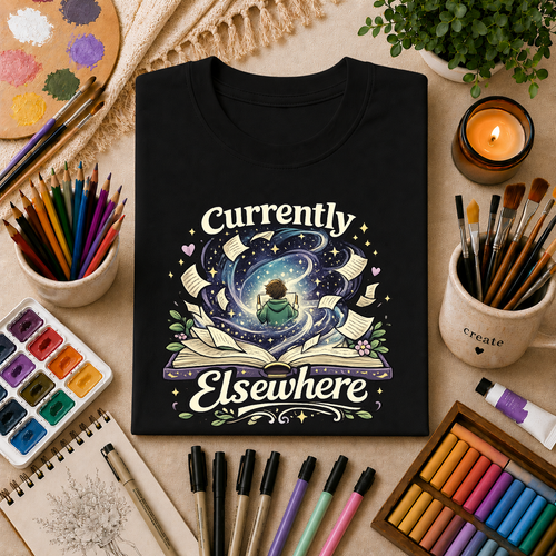 "Currently Elsewhere" Cosmic Reader Graphic Tee Gift T-Shirt