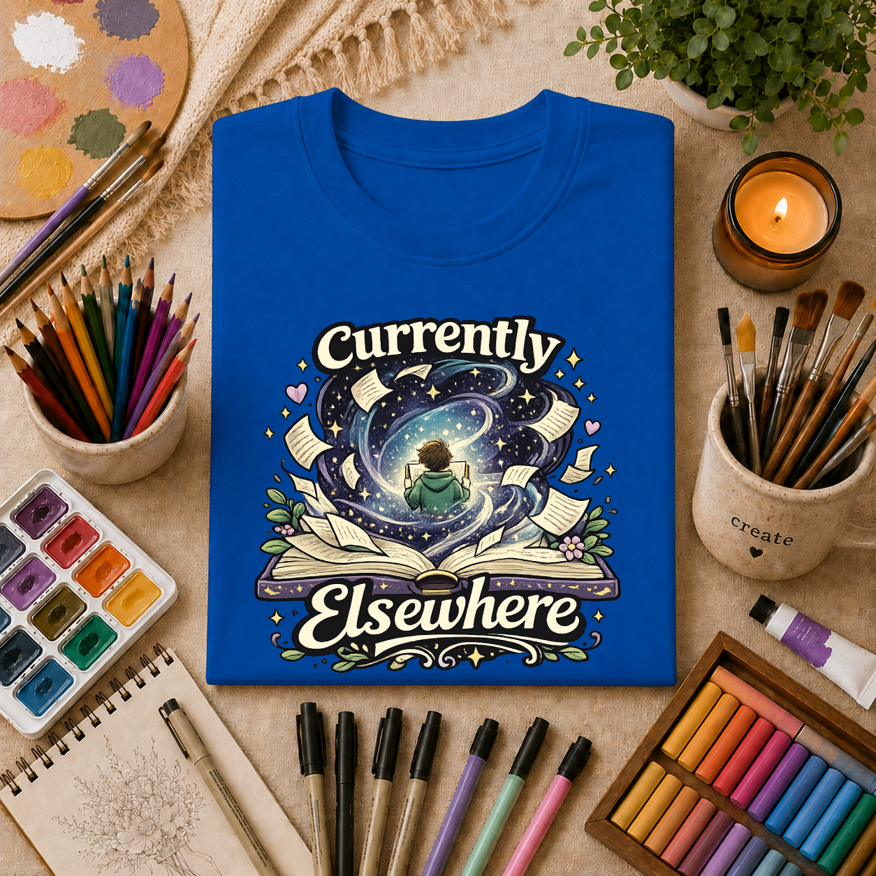 "Currently Elsewhere" Cosmic Reader Graphic Tee Gift T-Shirt