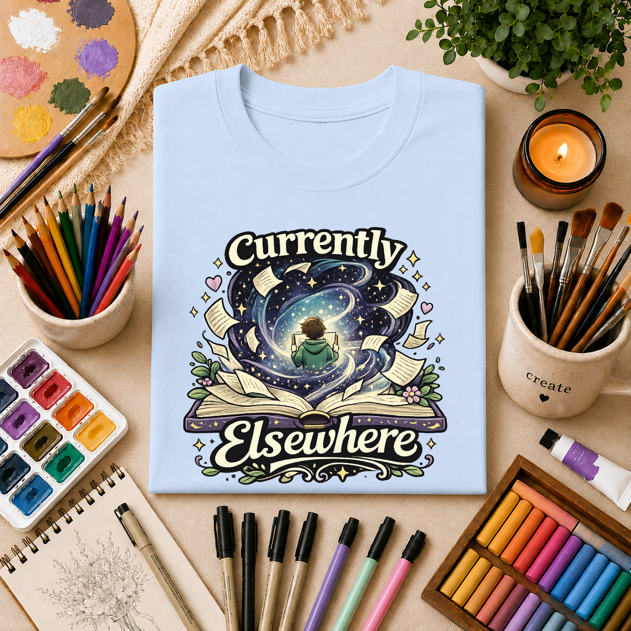"Currently Elsewhere" Cosmic Reader Graphic Tee Gift T-Shirt
