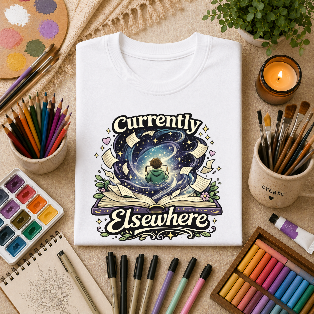 "Currently Elsewhere" Cosmic Reader Graphic Tee Gift T-Shirt