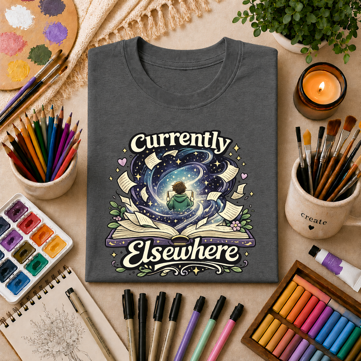 "Currently Elsewhere" Cosmic Reader Graphic Tee Gift T-Shirt