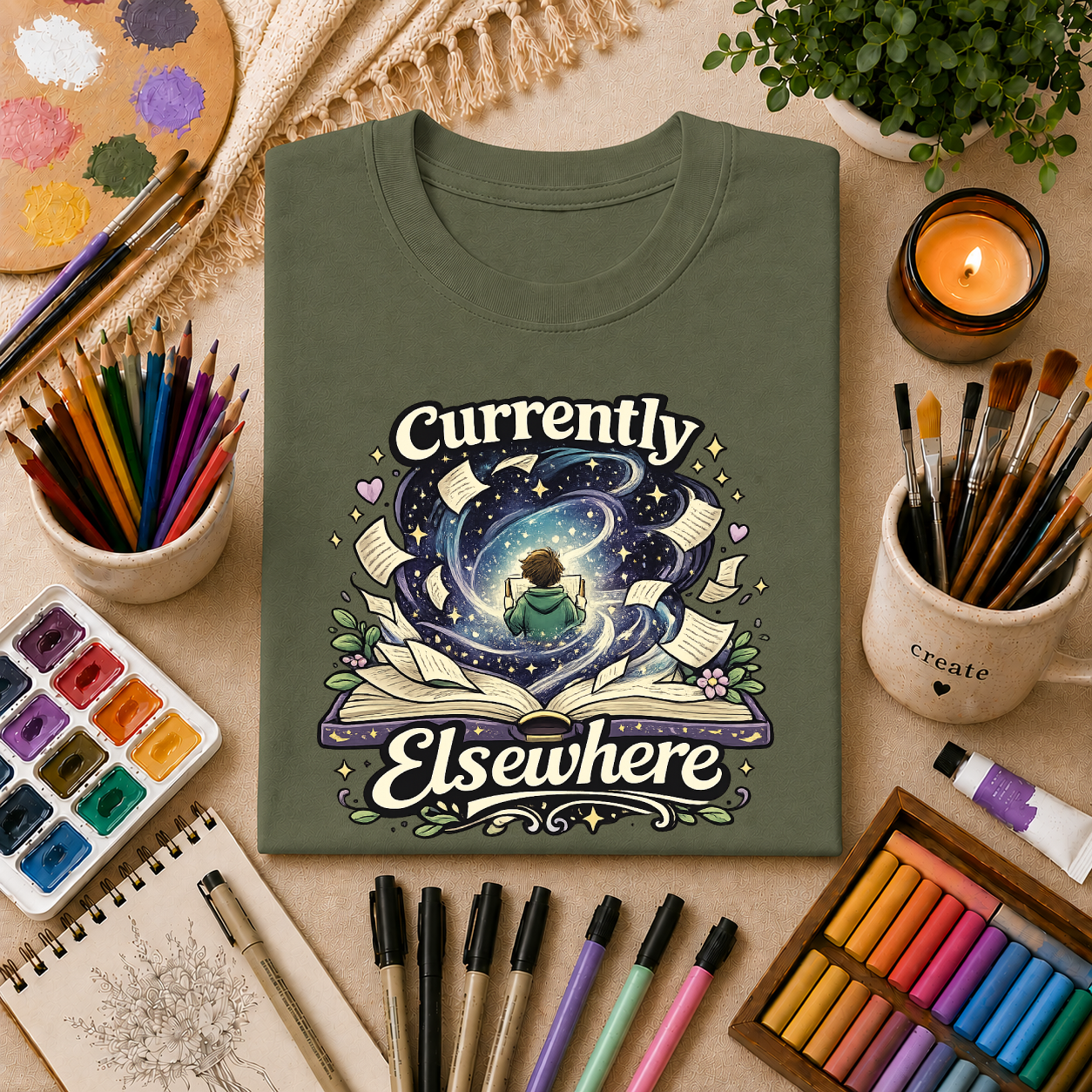 "Currently Elsewhere" Cosmic Reader Graphic Tee Gift T-Shirt