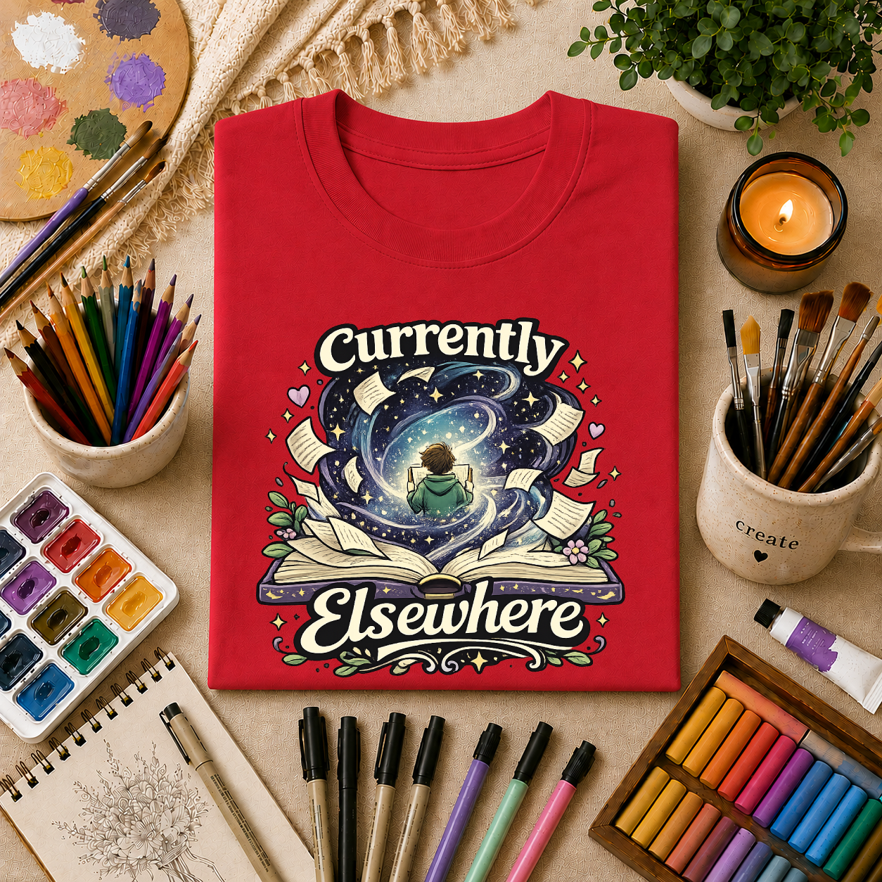 "Currently Elsewhere" Cosmic Reader Graphic Tee Gift T-Shirt