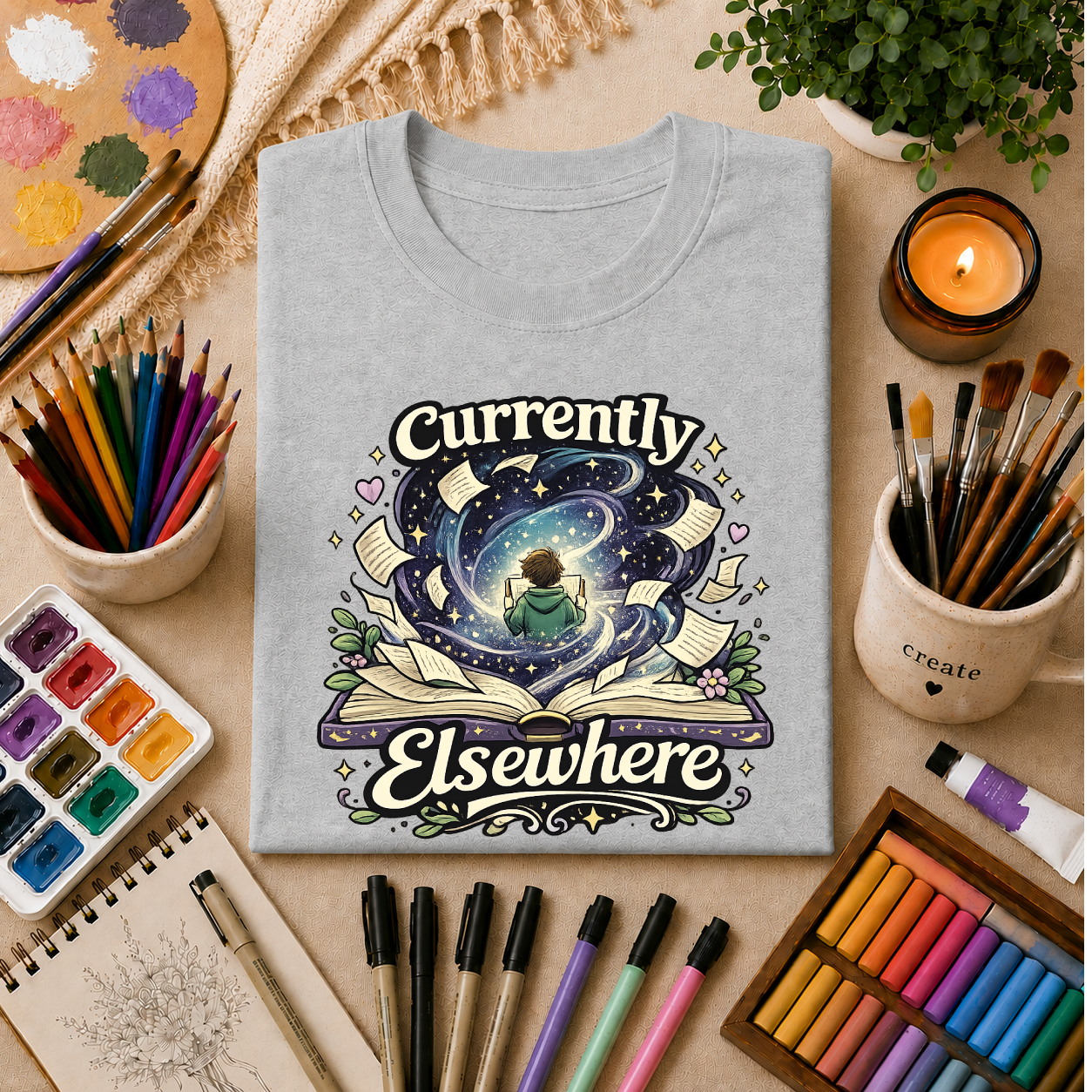 "Currently Elsewhere" Cosmic Reader Graphic Tee Gift T-Shirt