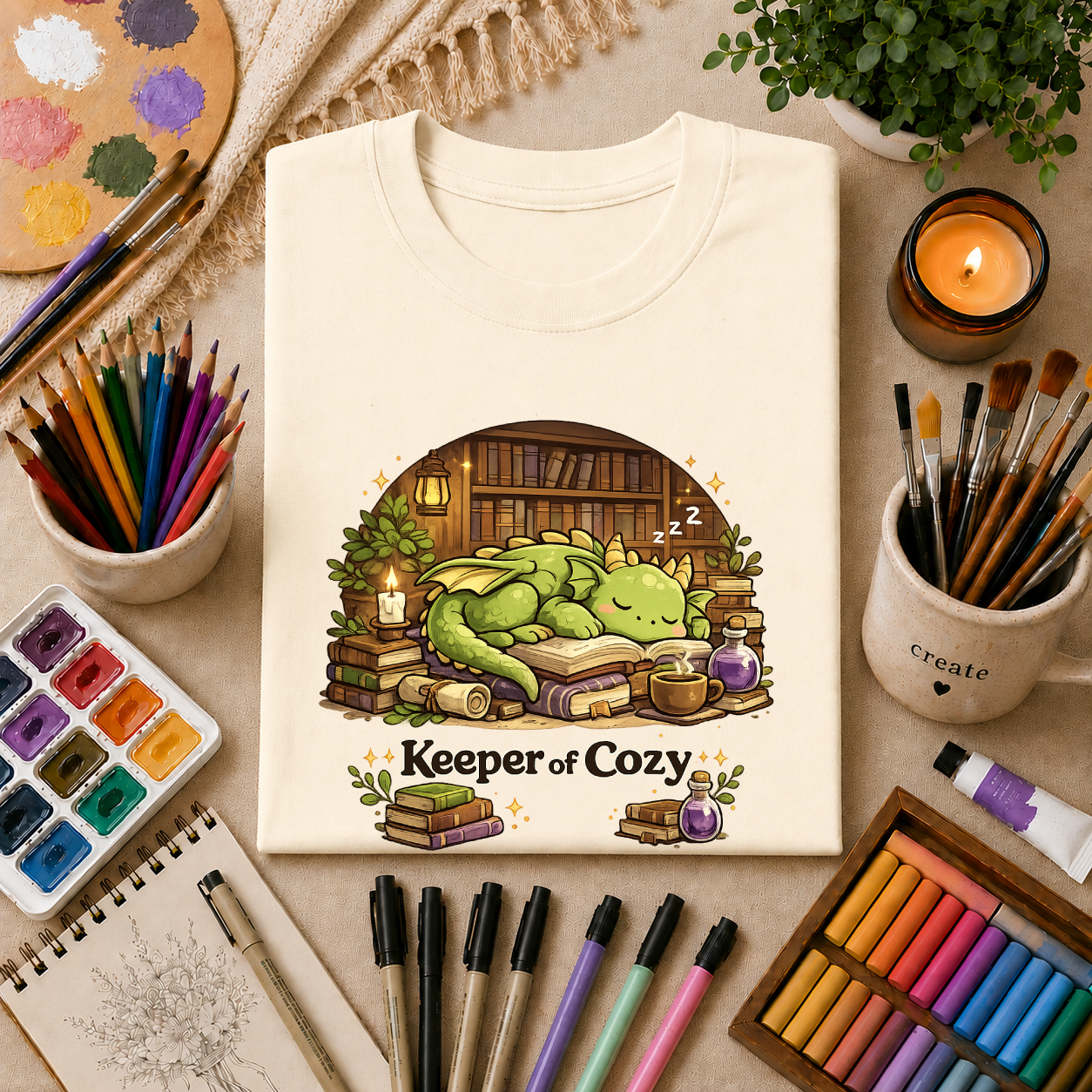 Dragon Nap T-Shirt — "Keeper of Cozy" Cute Sleeping Dragon Graphic Tee