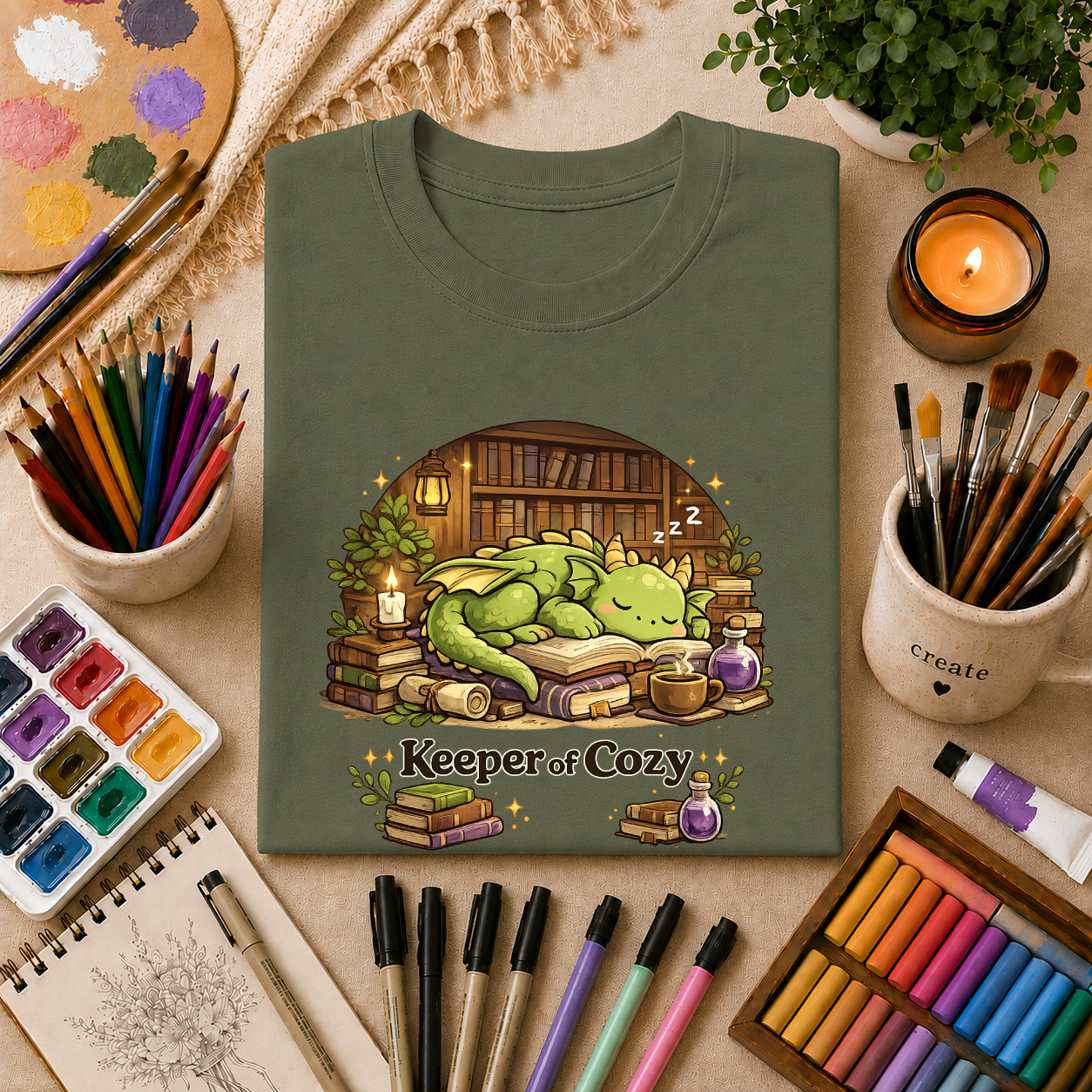Dragon Nap T-Shirt — "Keeper of Cozy" Cute Sleeping Dragon Graphic Tee
