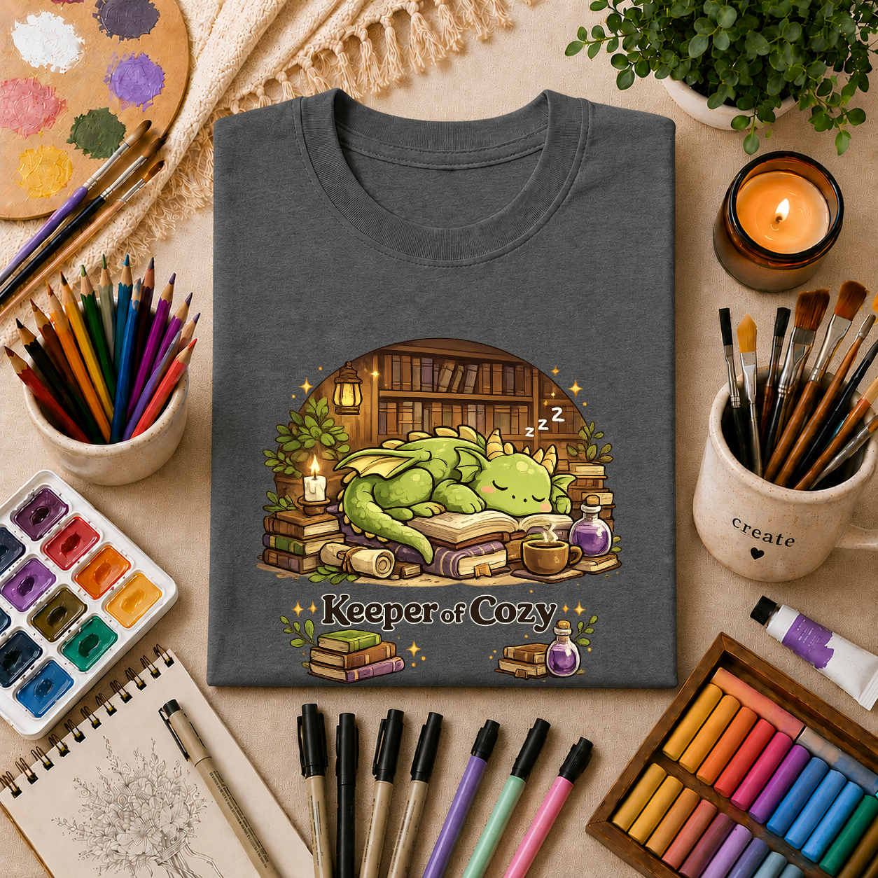Dragon Nap T-Shirt — "Keeper of Cozy" Cute Sleeping Dragon Graphic Tee