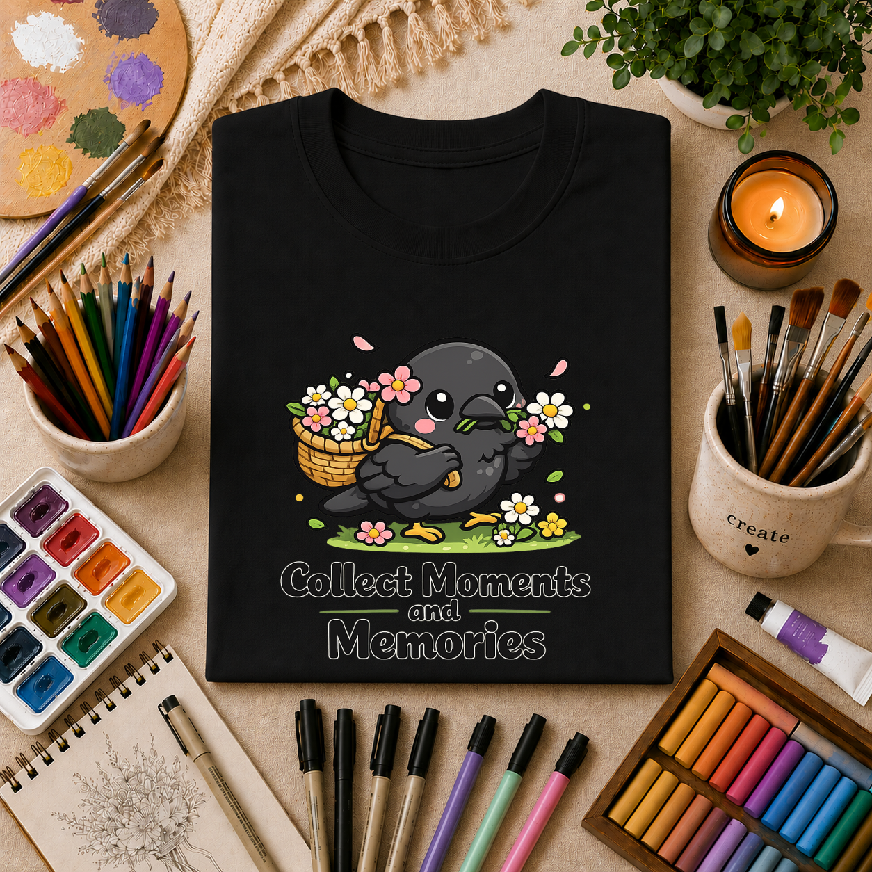 T-Shirt — Collect Moments and Memories Cute Crow Trinkets Graphic Tee