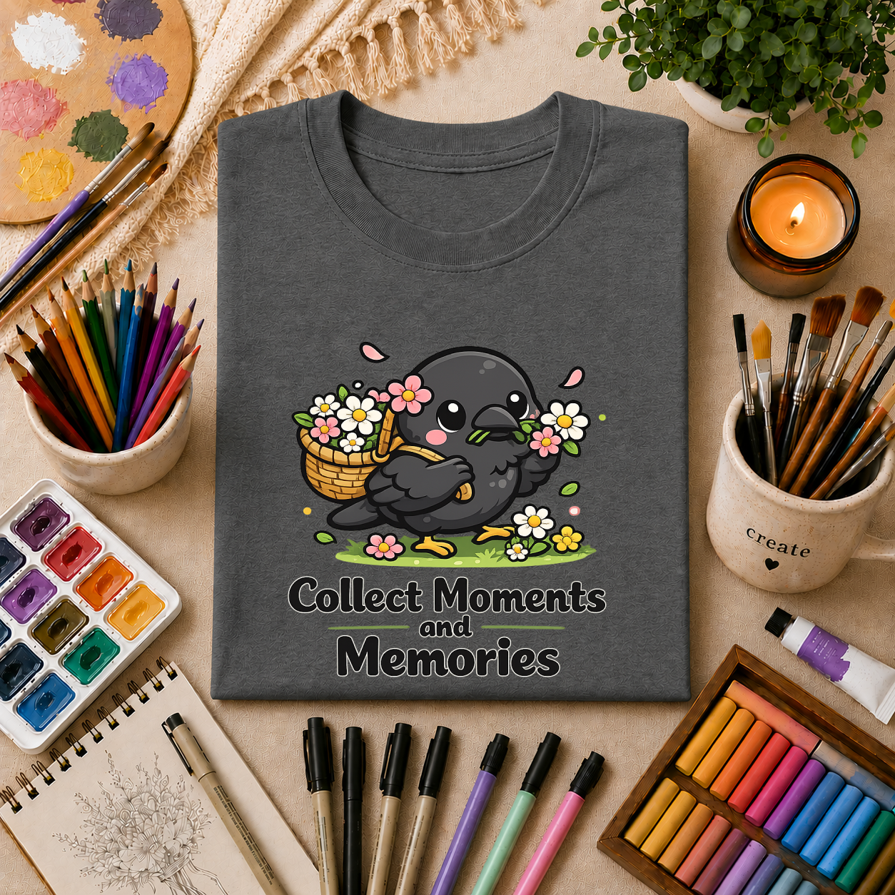 T-Shirt — Collect Moments and Memories Cute Crow Trinkets Graphic Tee