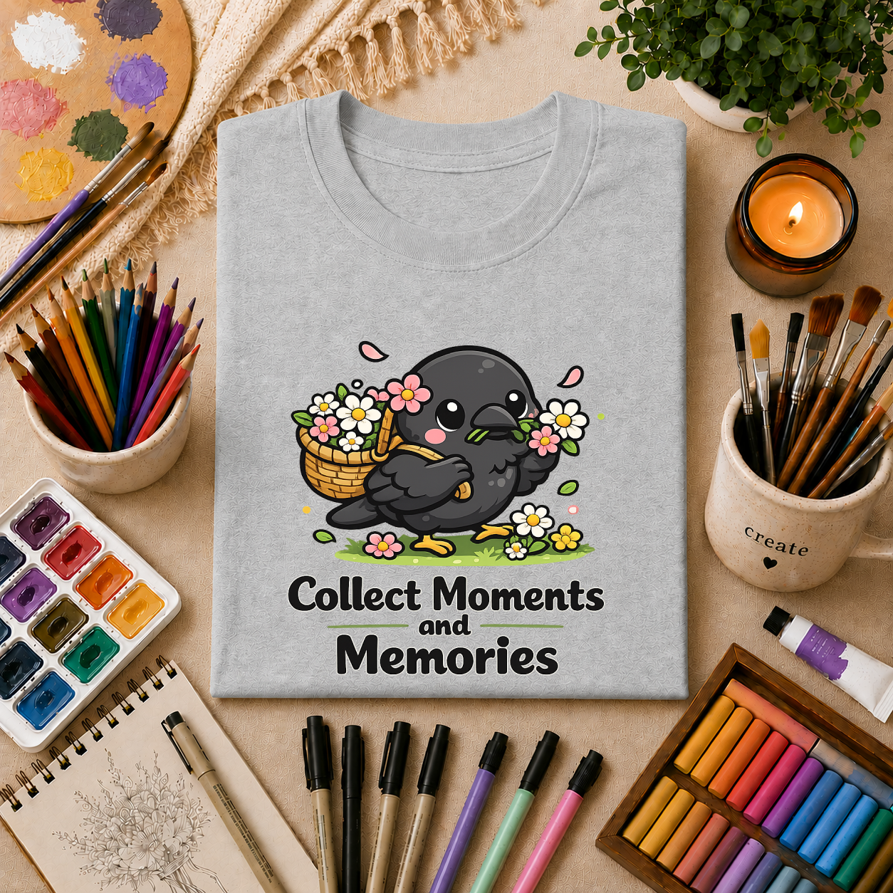 T-Shirt — Collect Moments and Memories Cute Crow Trinkets Graphic Tee