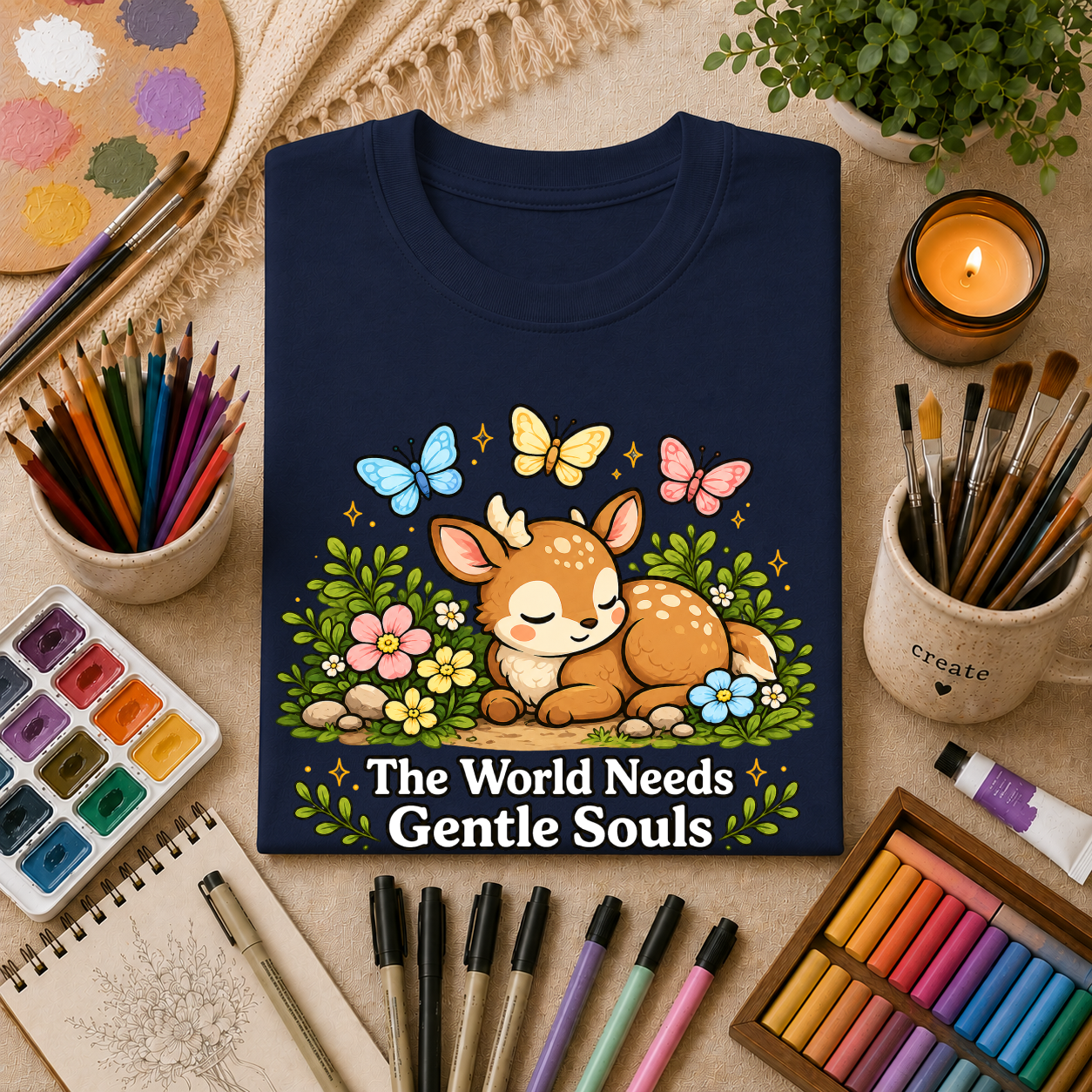 Sleeping Fawn T‑Shirt — "The World Needs Gentle Souls" Cute Deer Tee