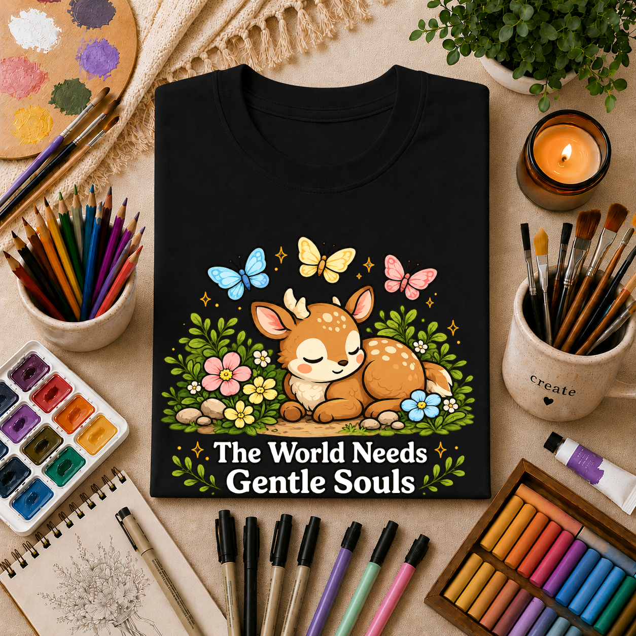 Sleeping Fawn T‑Shirt — "The World Needs Gentle Souls" Cute Deer Tee