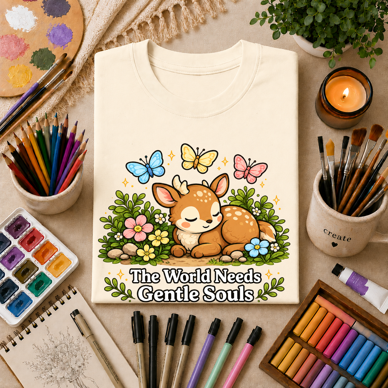 Sleeping Fawn T‑Shirt — "The World Needs Gentle Souls" Cute Deer Tee