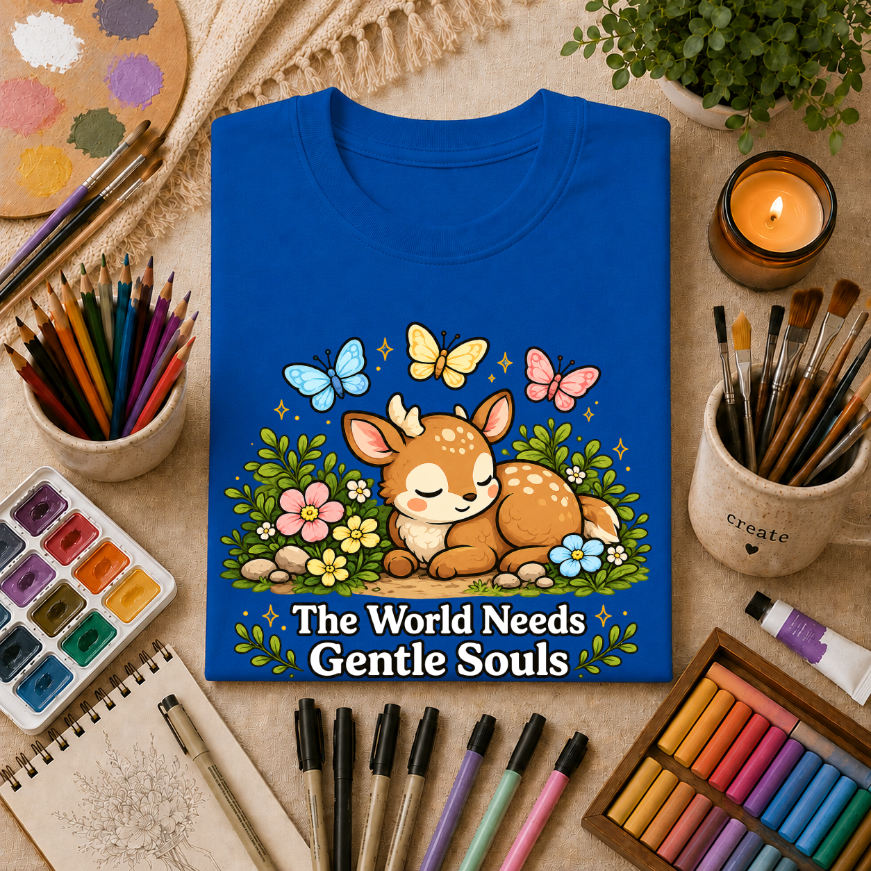 Sleeping Fawn T‑Shirt — "The World Needs Gentle Souls" Cute Deer Tee