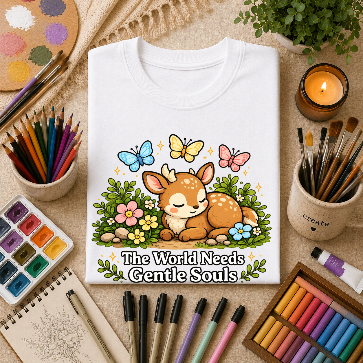 Sleeping Fawn T‑Shirt — "The World Needs Gentle Souls" Cute Deer Tee