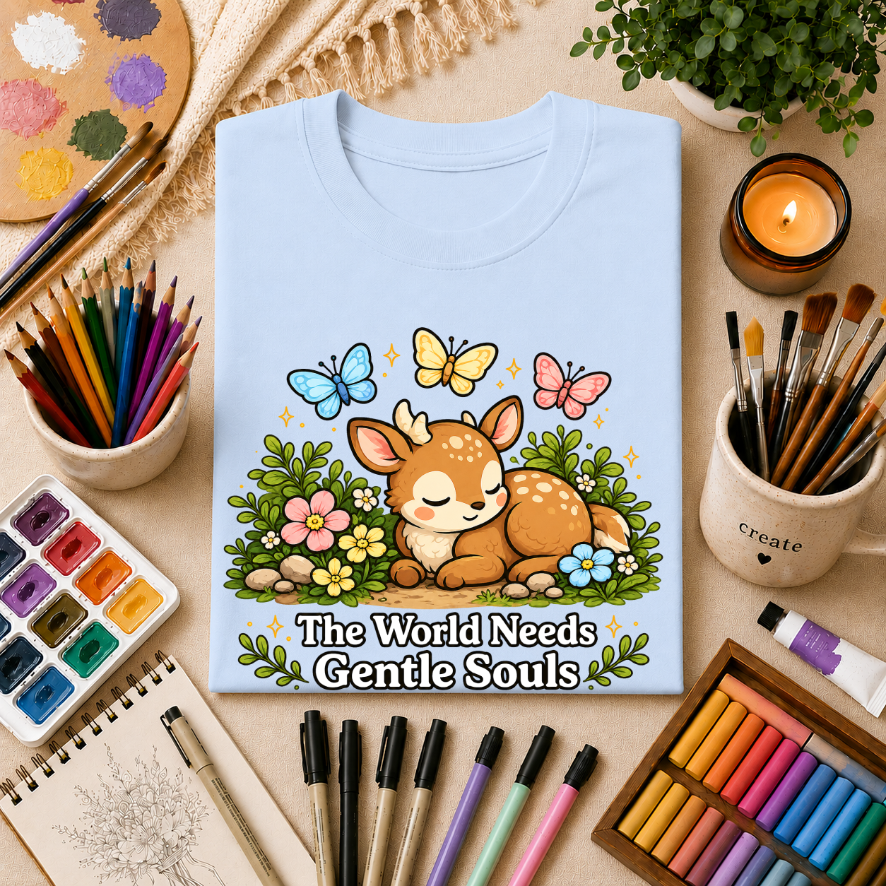 Sleeping Fawn T‑Shirt — "The World Needs Gentle Souls" Cute Deer Tee