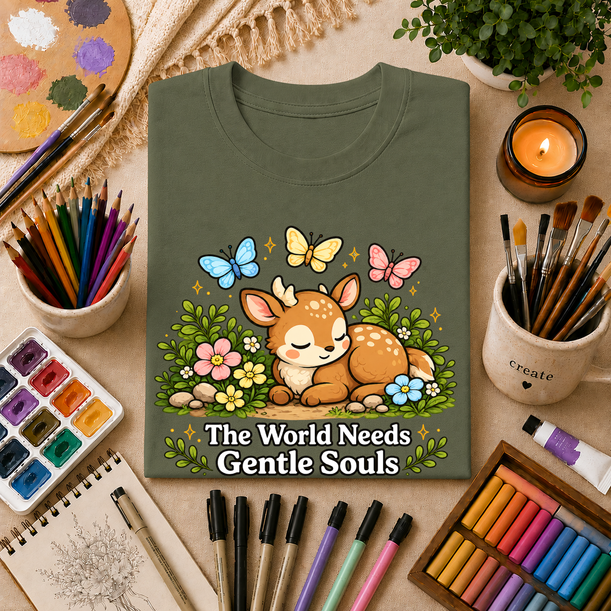 Sleeping Fawn T‑Shirt — "The World Needs Gentle Souls" Cute Deer Tee