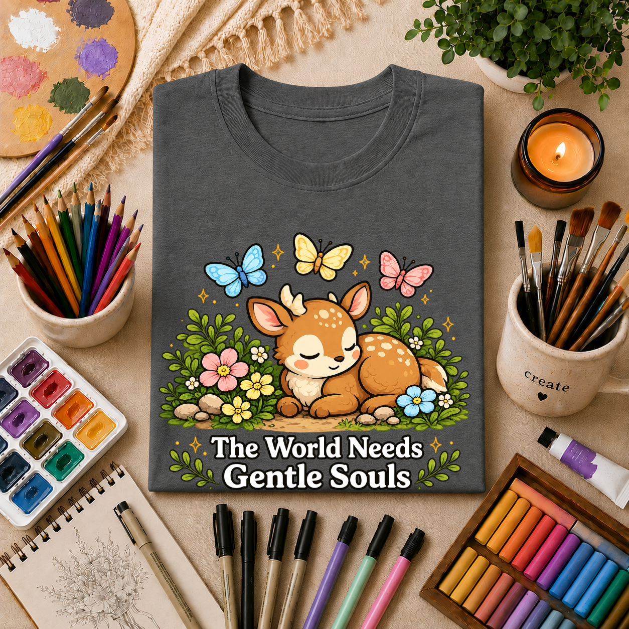 Sleeping Fawn T‑Shirt — "The World Needs Gentle Souls" Cute Deer Tee