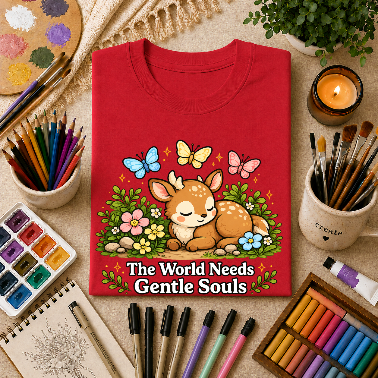 Sleeping Fawn T‑Shirt — "The World Needs Gentle Souls" Cute Deer Tee