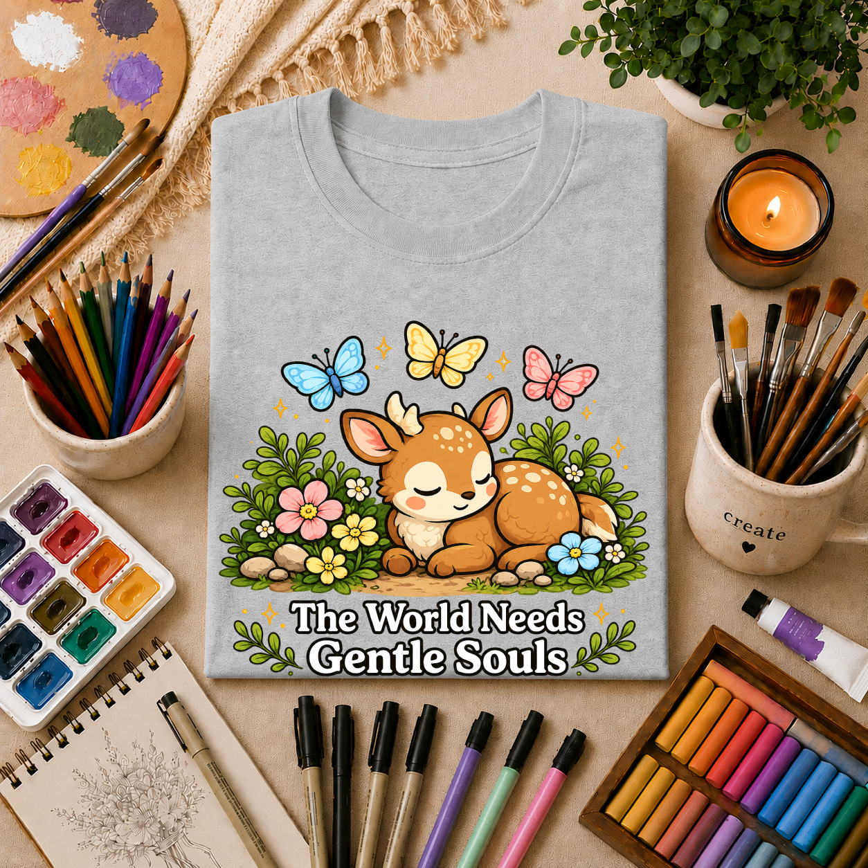Sleeping Fawn T‑Shirt — "The World Needs Gentle Souls" Cute Deer Tee