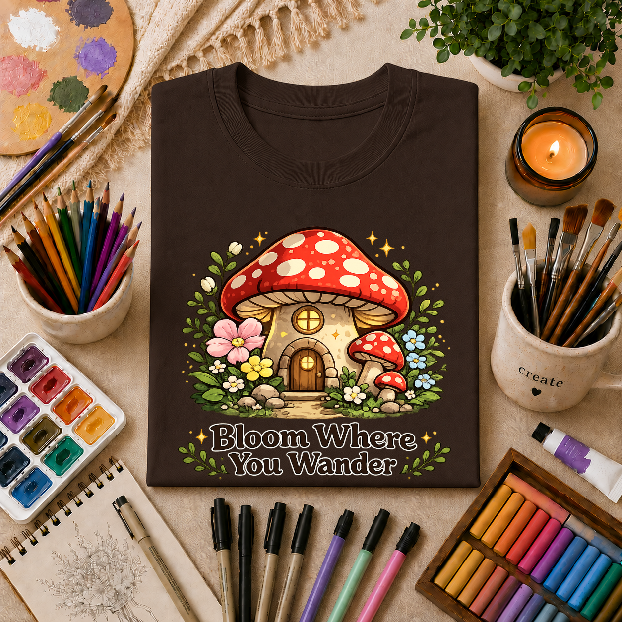 Mushroom House T-Shirt — "Bloom Where You Wander" Cute Cottagecore Tee