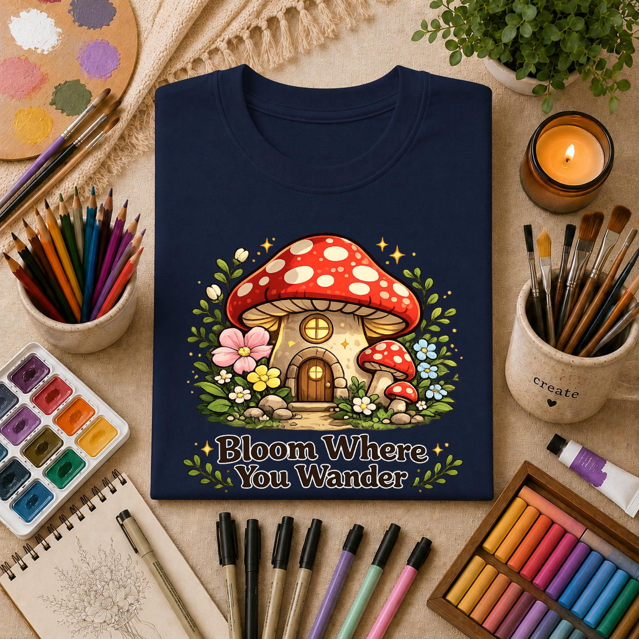 Mushroom House T-Shirt — "Bloom Where You Wander" Cute Cottagecore Tee