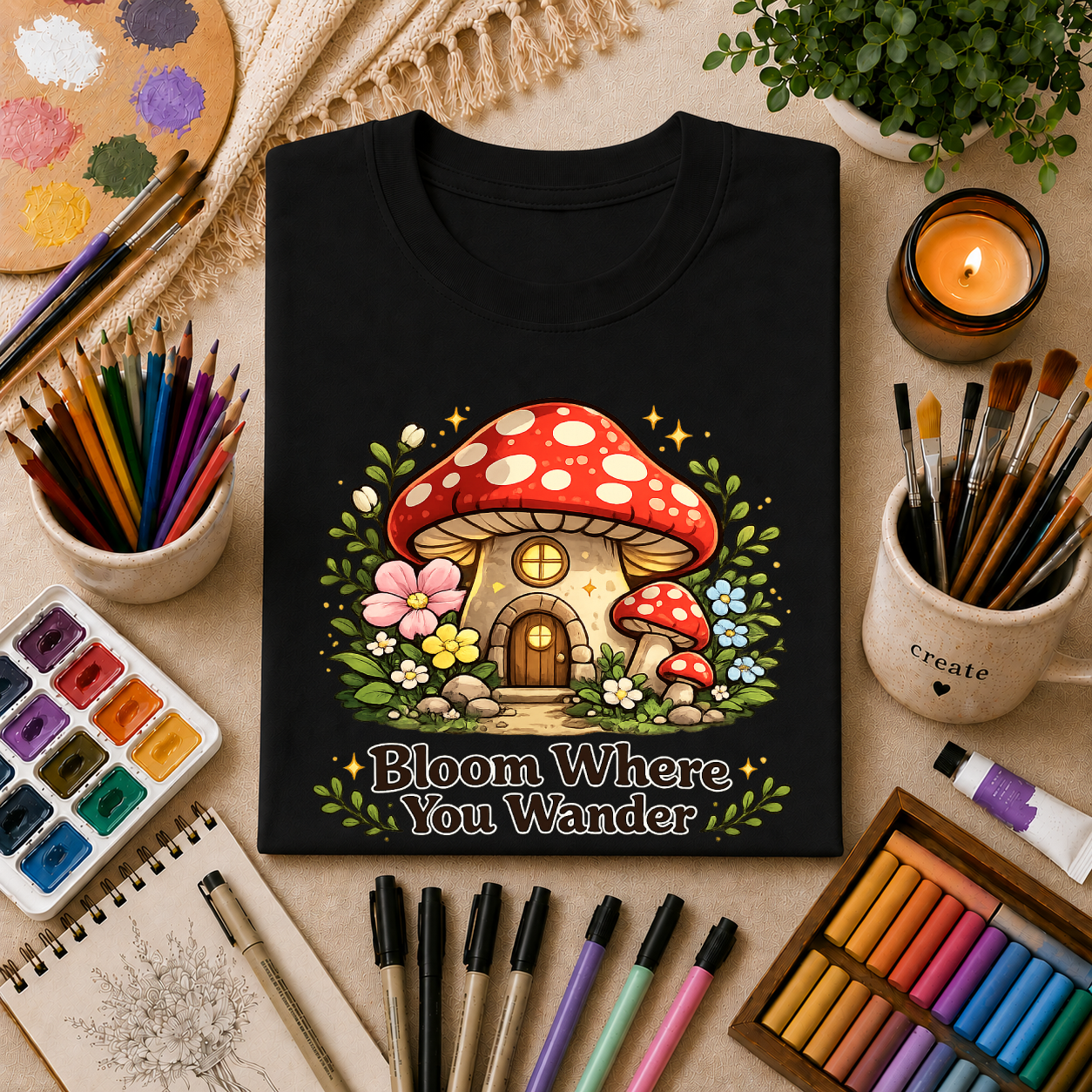 Mushroom House T-Shirt — "Bloom Where You Wander" Cute Cottagecore Tee