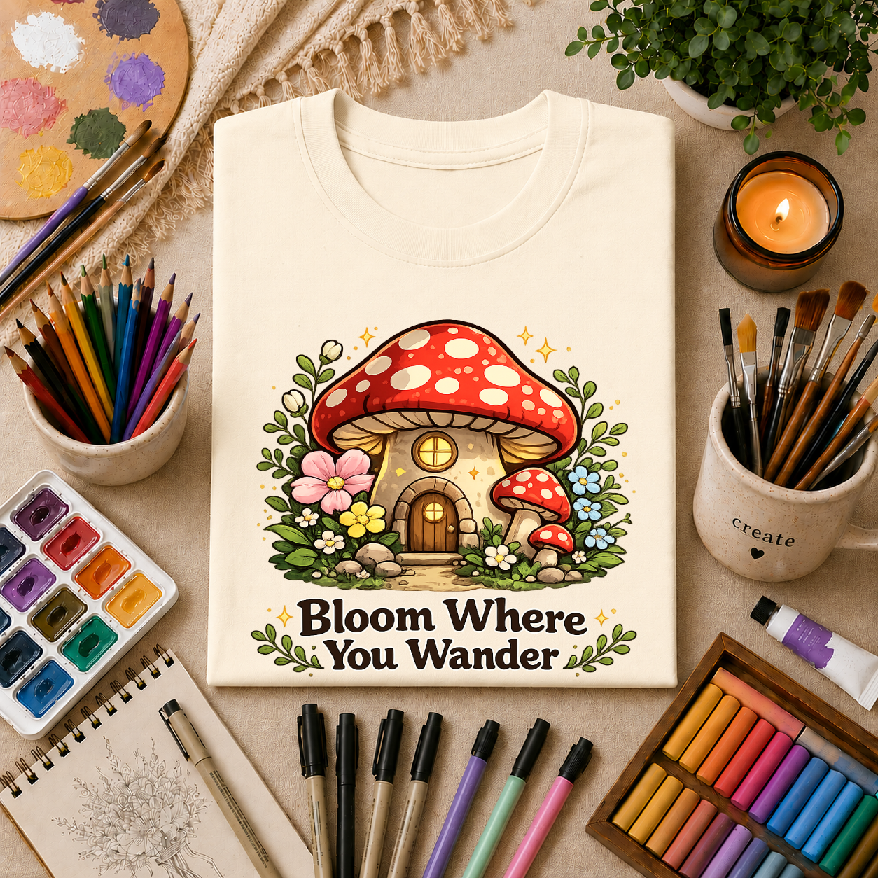 Mushroom House T-Shirt — "Bloom Where You Wander" Cute Cottagecore Tee